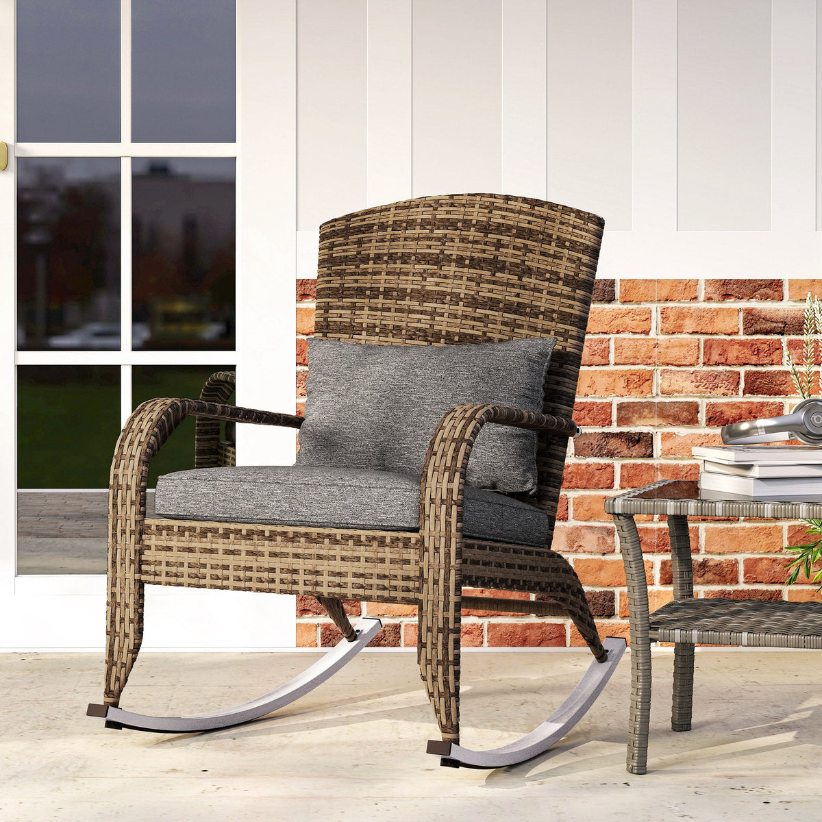 Wicker Adirondack Rocking Chair with Cushion and Pillow, Grey/Mixed Yellow — product view 4