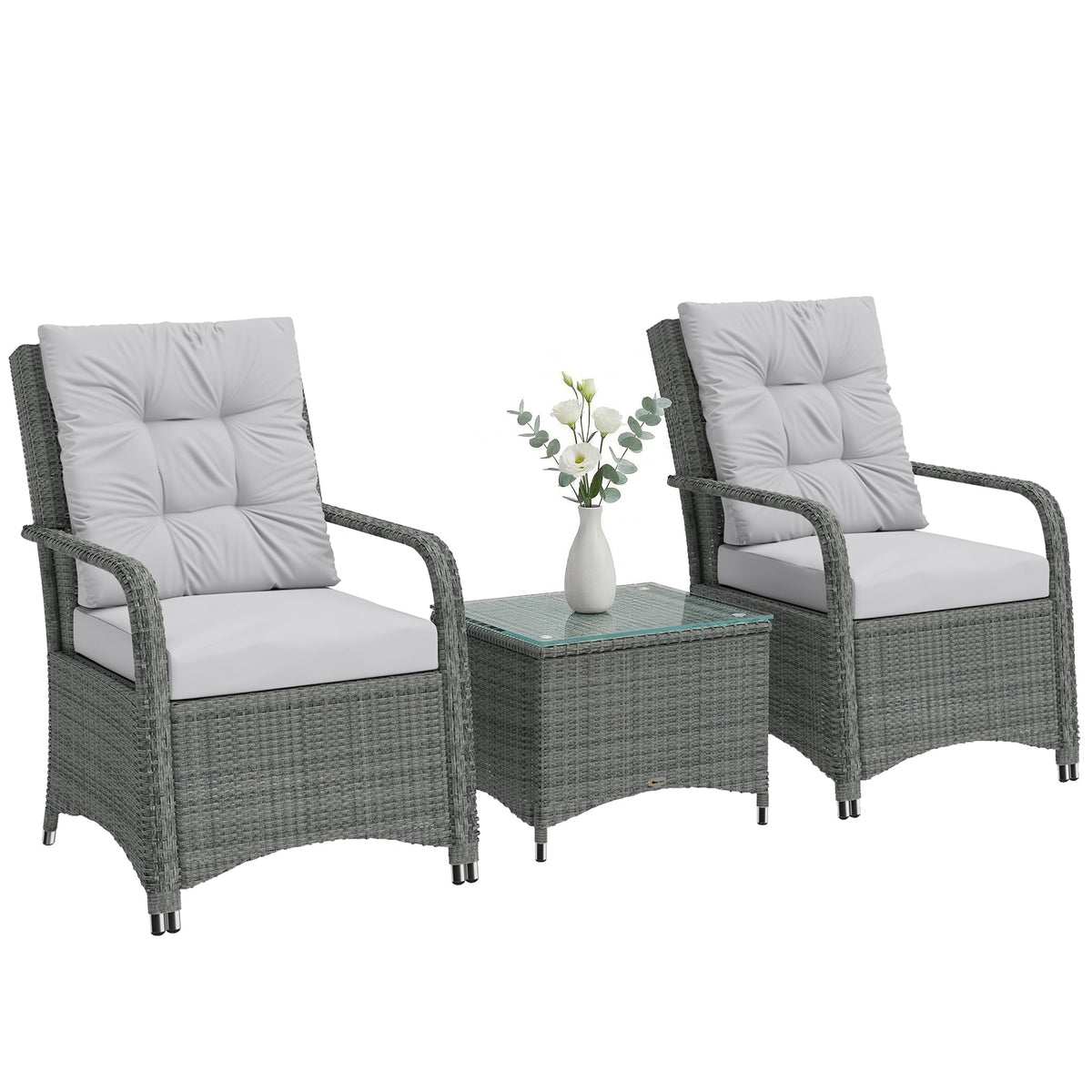 3-Piece Rattan Bistro Set with Metal Frame, Glass Table and Cushions, Light Grey — product view 2