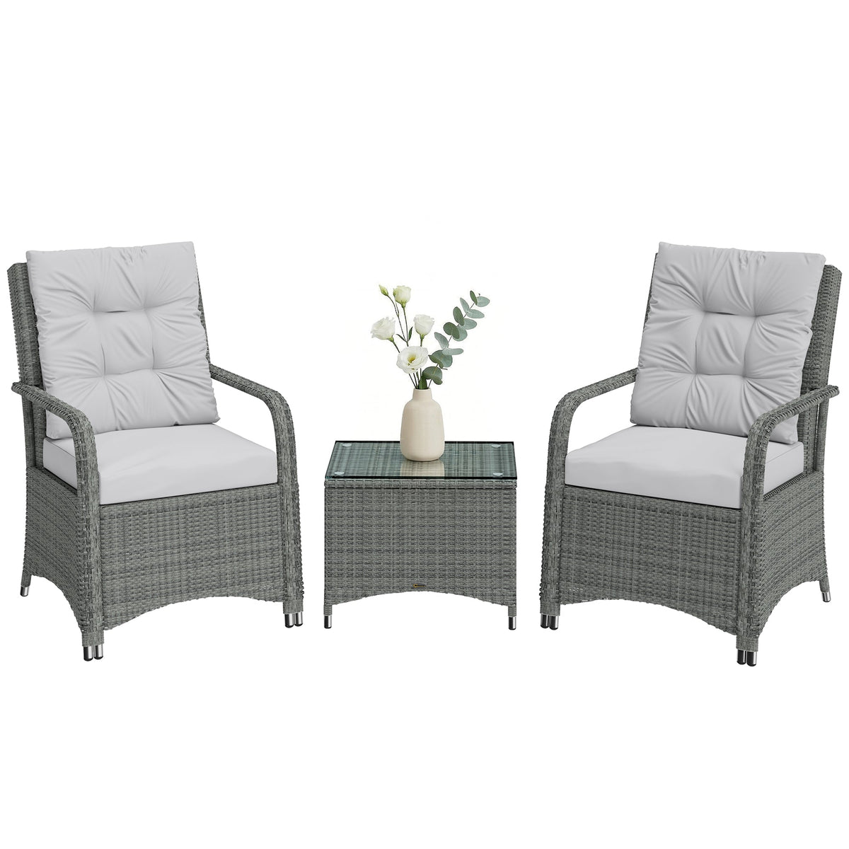 3-Piece Rattan Bistro Set with Metal Frame, Glass Table and Cushions, Light Grey — product view 1