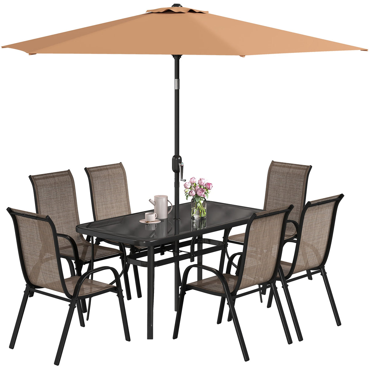 8-Piece Patio Dining Set with 9 Ft Umbrella, Mixed Brown — product view 1
