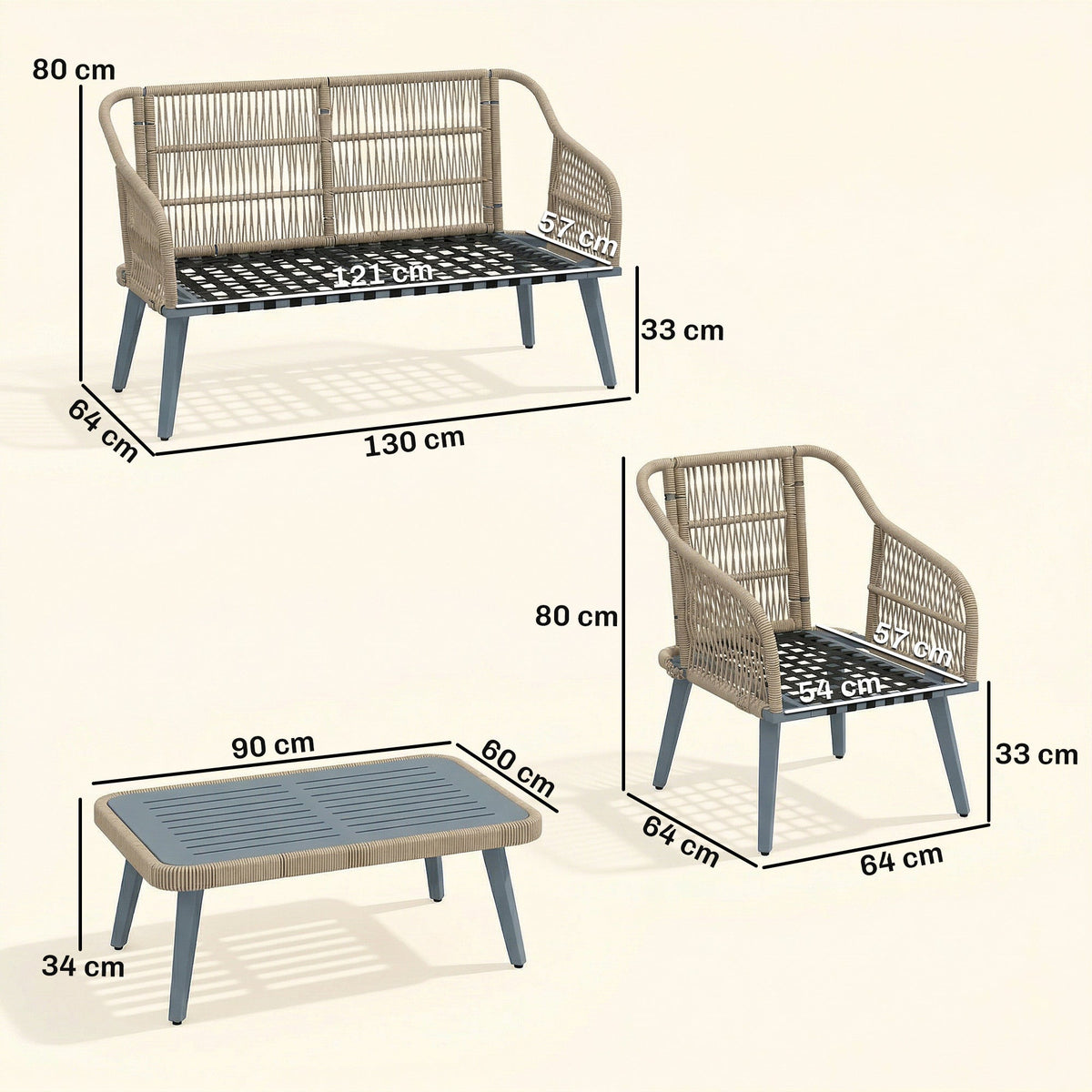 ARVOYA 4-Piece Rattan Conversation Set with Loveseat, 2 Armchairs & Acacia Table, Grey — product view 5