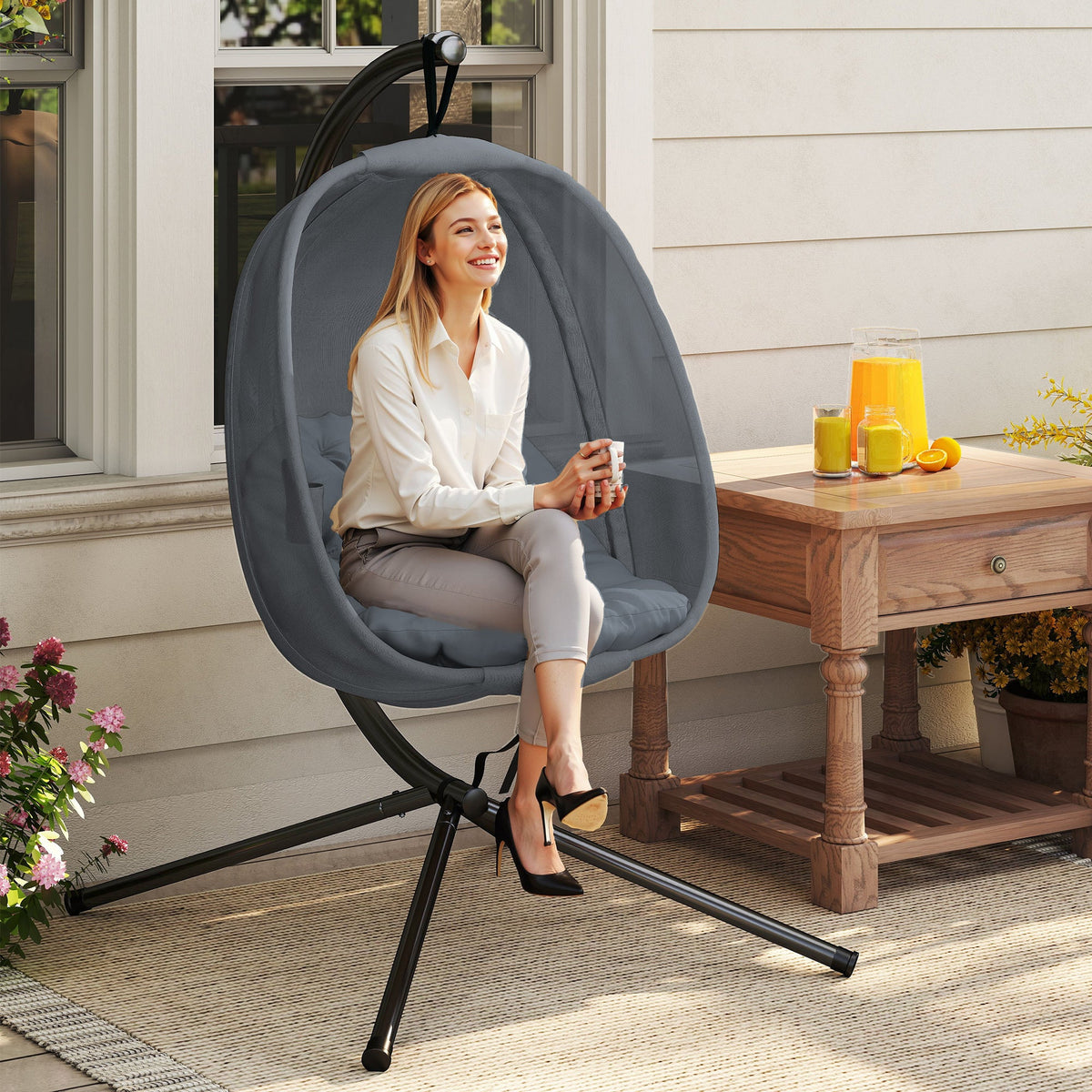 Hanging Egg Chair, Outdoor Indoor Swing Chair with Stand, Folding Basket and Thickened Cushion for Patio, Garden, Balcony, Grey — product view 4