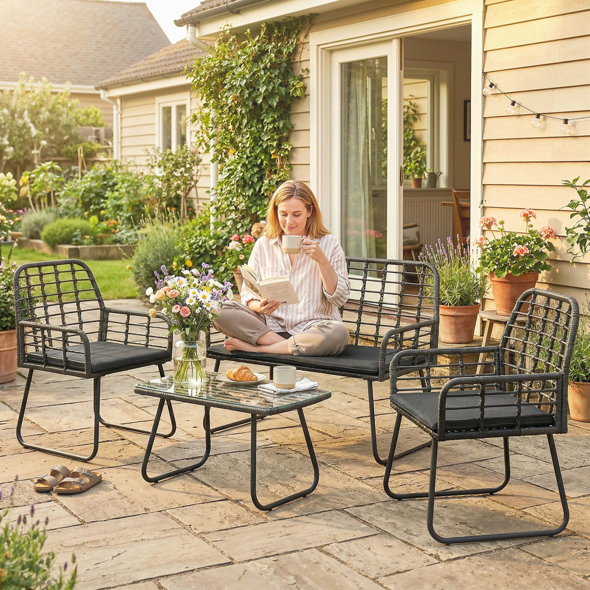 4 Piece Rattan Garden Furniture Set with Loveseat and Coffee Table, Black — product view 4