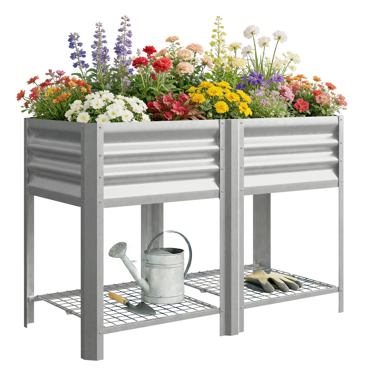 Galvanized Steel Raised Garden Bed with Legs and Storage Shelf, Silver — product view 1