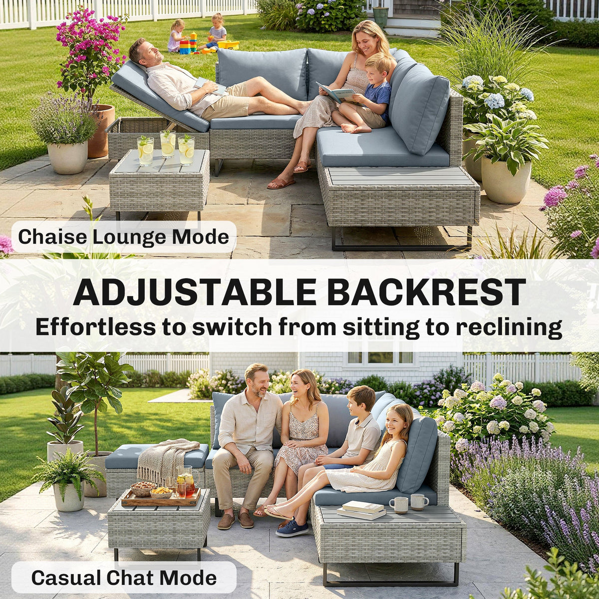 5-Seater Rattan Corner Sofa with Adjustable Backs, Table & Cushions, Grey — product view 6