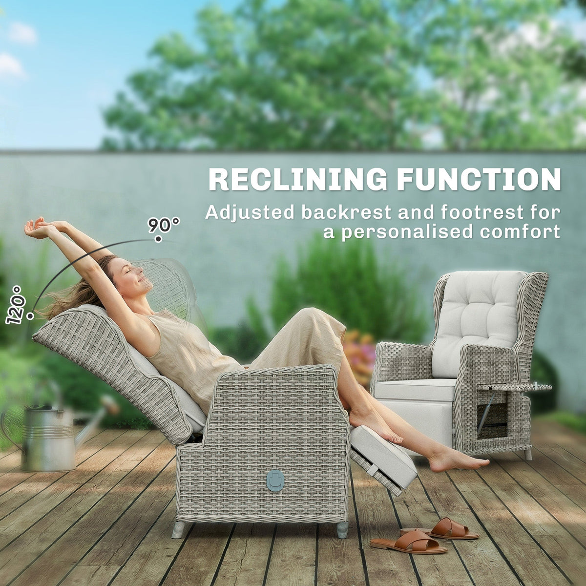 Rattan Garden Recliner Chair with Footrest, Flip Table and Cushion, Light Grey — product view 6