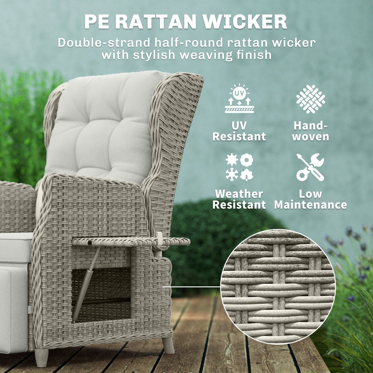 Rattan Garden Recliner Chair with Footrest, Flip Table and Cushion, Light Grey — product view 7