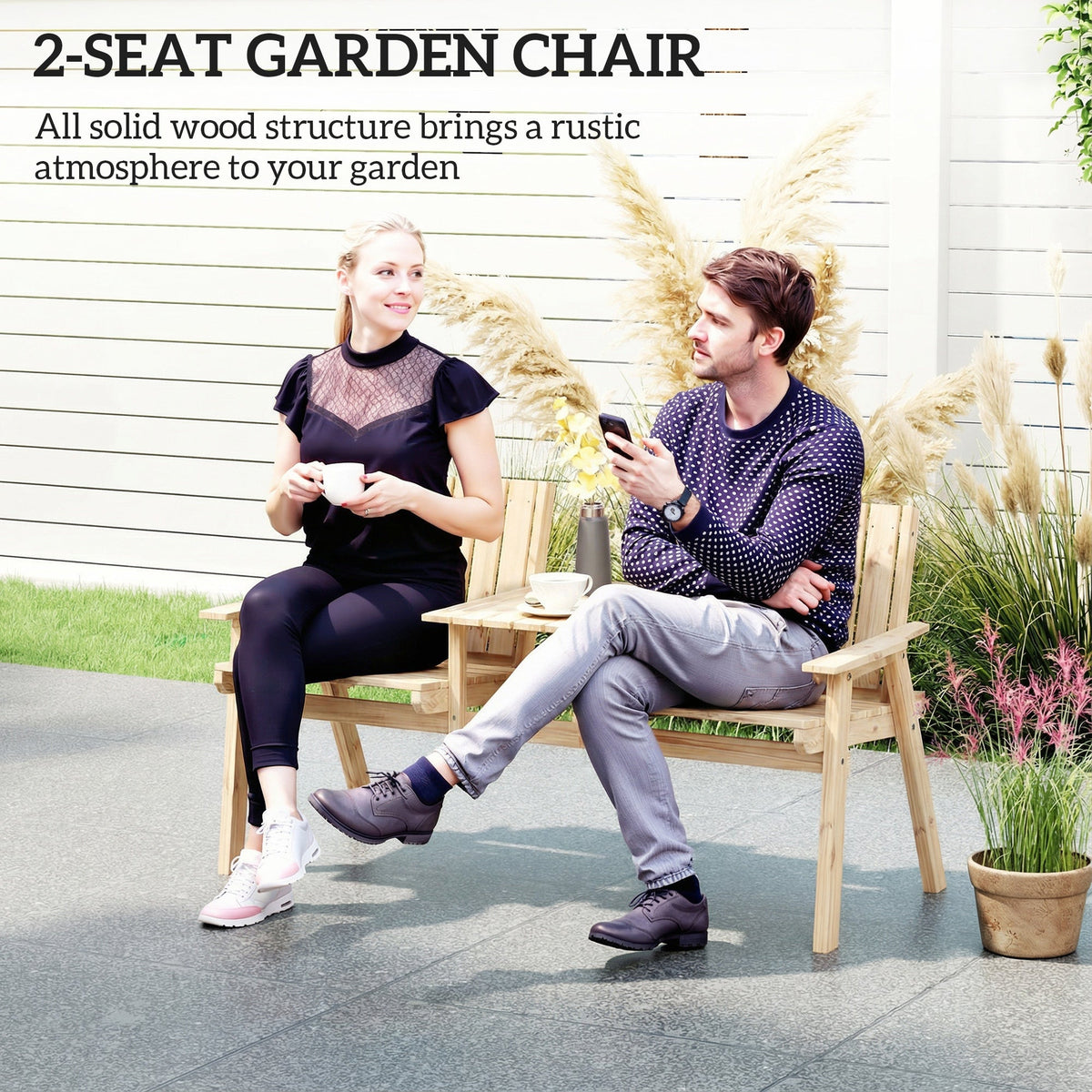 2-Seater Wooden Garden Loveseat with Table and Parasol Hole, Natural — product view 6