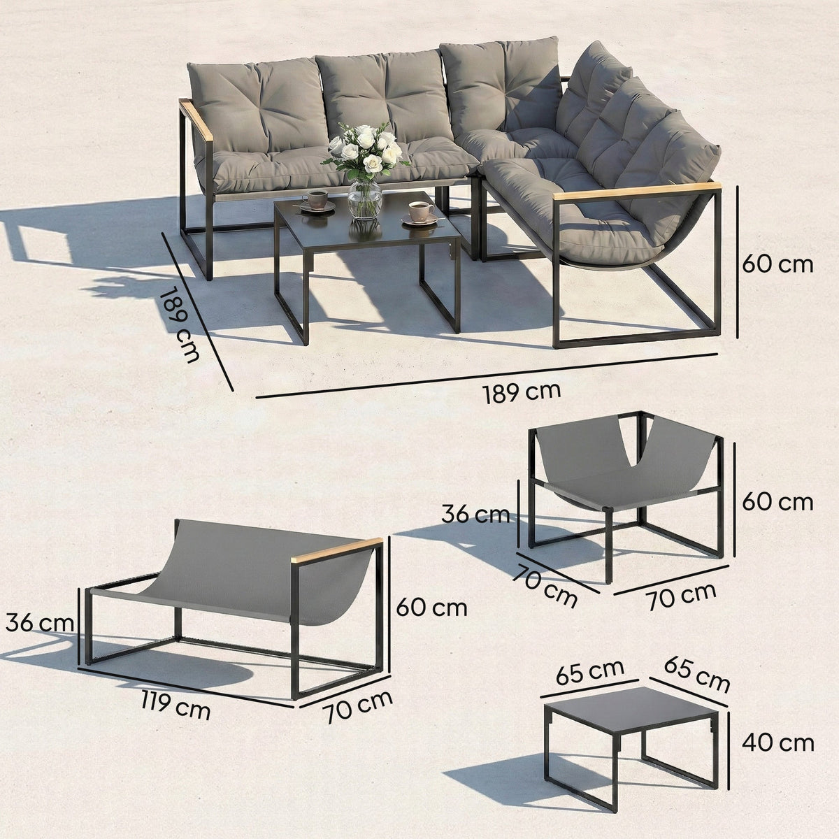 4 Piece Garden Furniture Set with Coffee Table and Thick Cushions, Grey — product view 5
