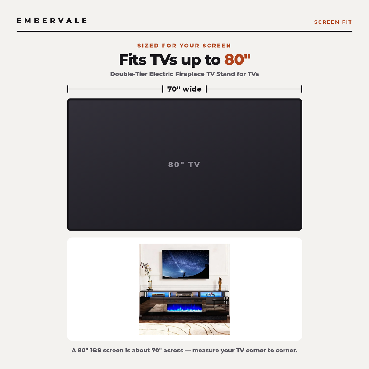 Double-Tier Electric Fireplace TV Stand for TVs up to 80 Inch with LED Lights, Black Two-Level Media Console — product view 4