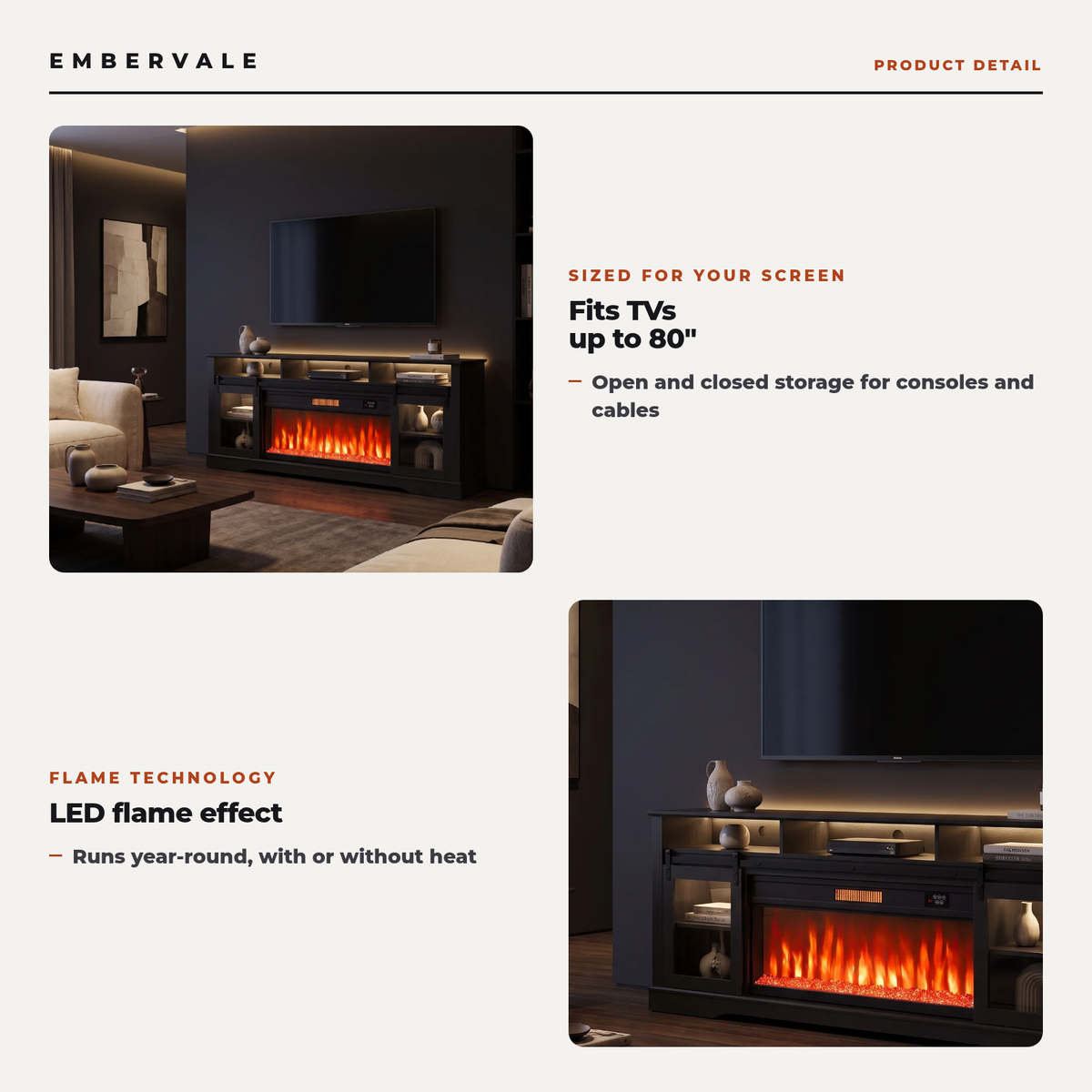 Fireplace TV Stand for TVs up to 80 Inch, Modern Entertainment Center with 36 Inch Glass Electric Fireplace & LED Lights, Black — product view 3
