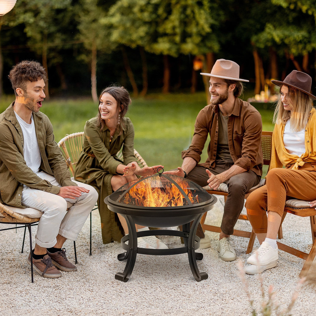 21.7" Outdoor Fire Pit with Mesh Lid and Poker, Black — product view 3