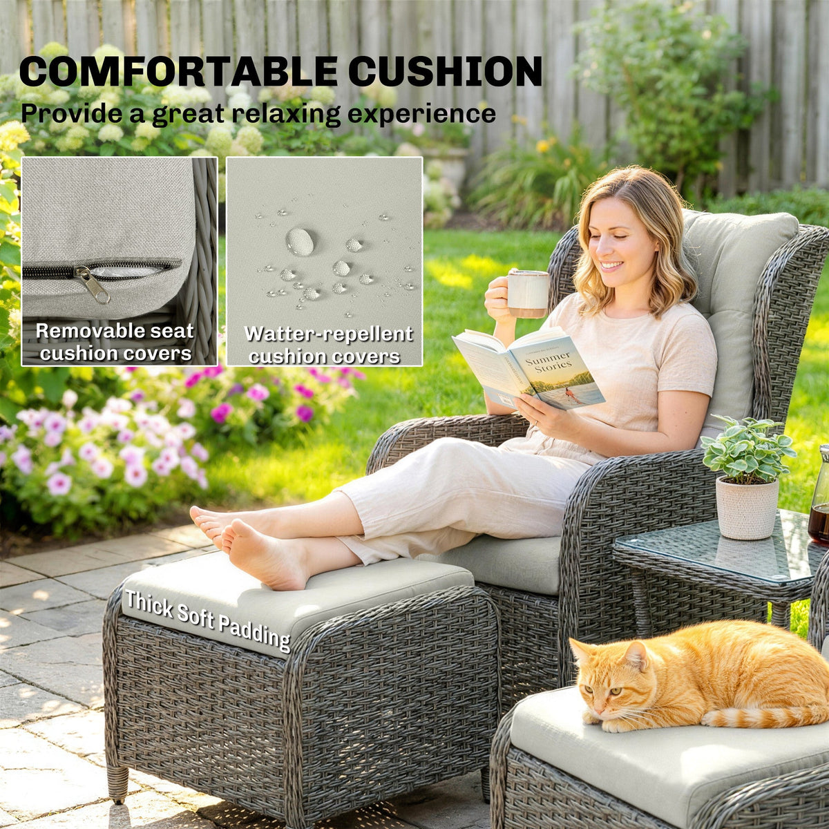 5 Piece Rattan Reclining Chair Set with Footstool and Glass Table, Cream White — product view 7