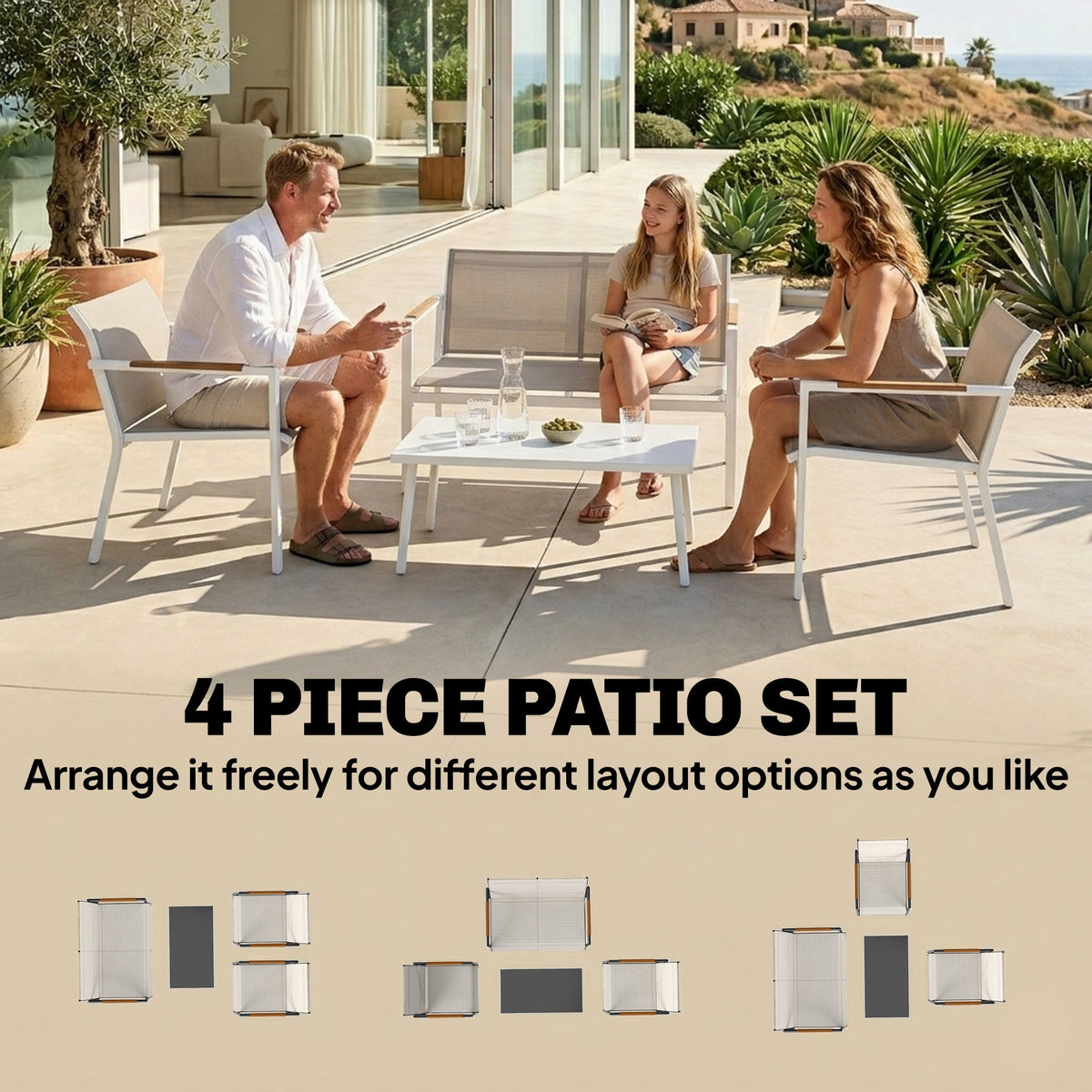 4-Seater Outdoor Sofa Set with Loveseat, 2 Armchairs & Metal-Top Table, Khaki — product view 6