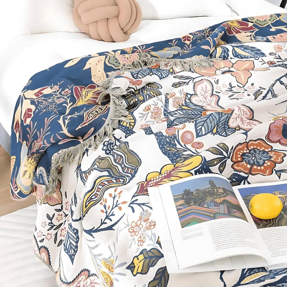 LoungeYard | MEADOWNEST BLANKET – Rustic Cotton Blanket with Floral Pattern & Reversible Design — product view 5
