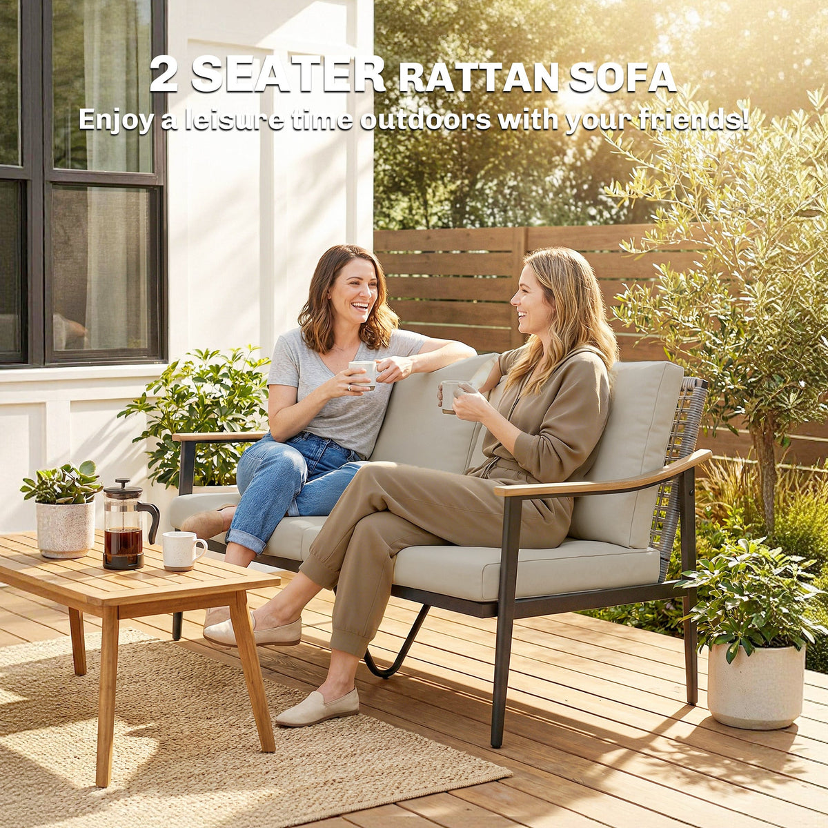 2 Seater Rattan Sofa with Wood-Effect Armrests, Khaki — product view 6