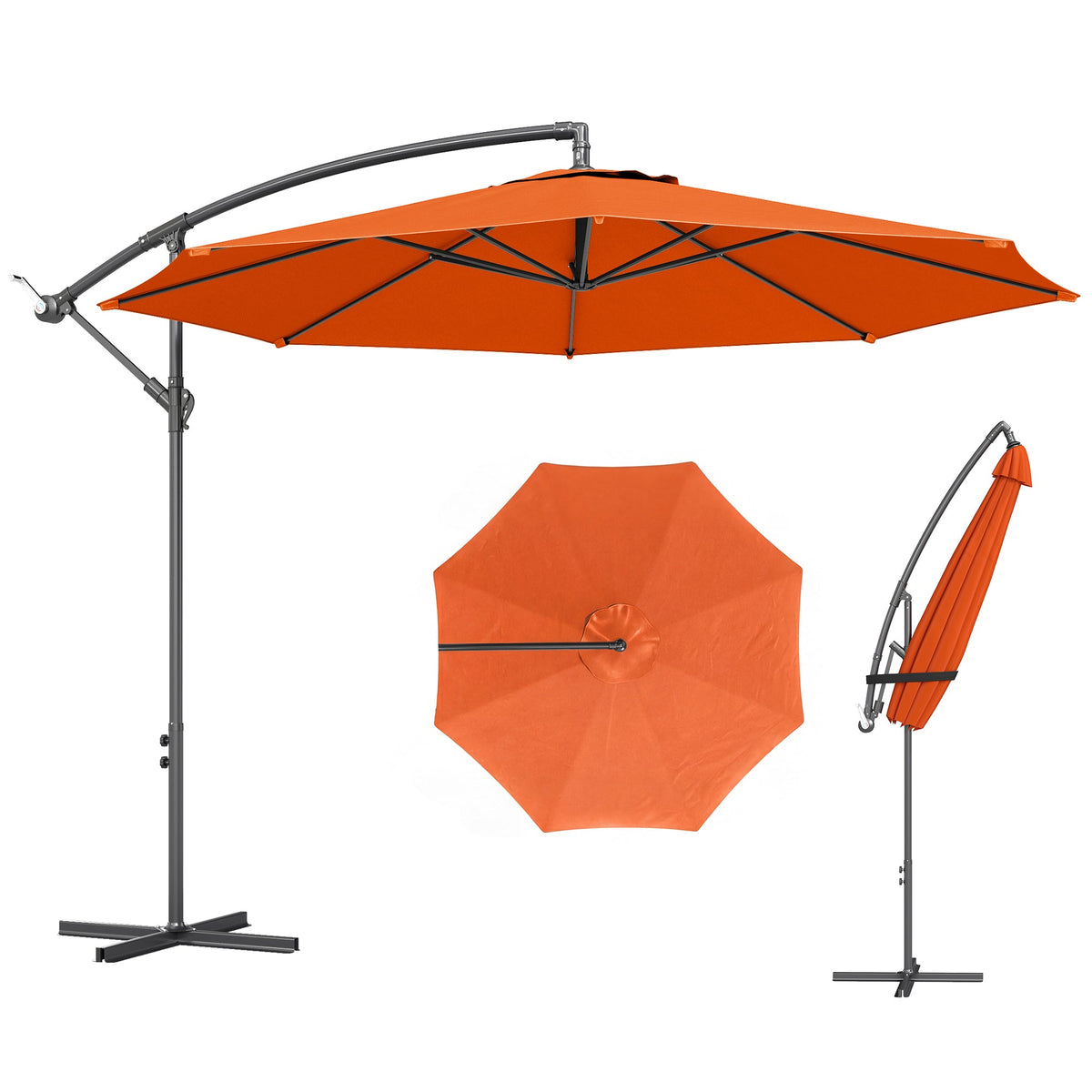 3 m Banana Parasol with Crank Handle, 8 Ribs & Cross Base, Orange — product view 2