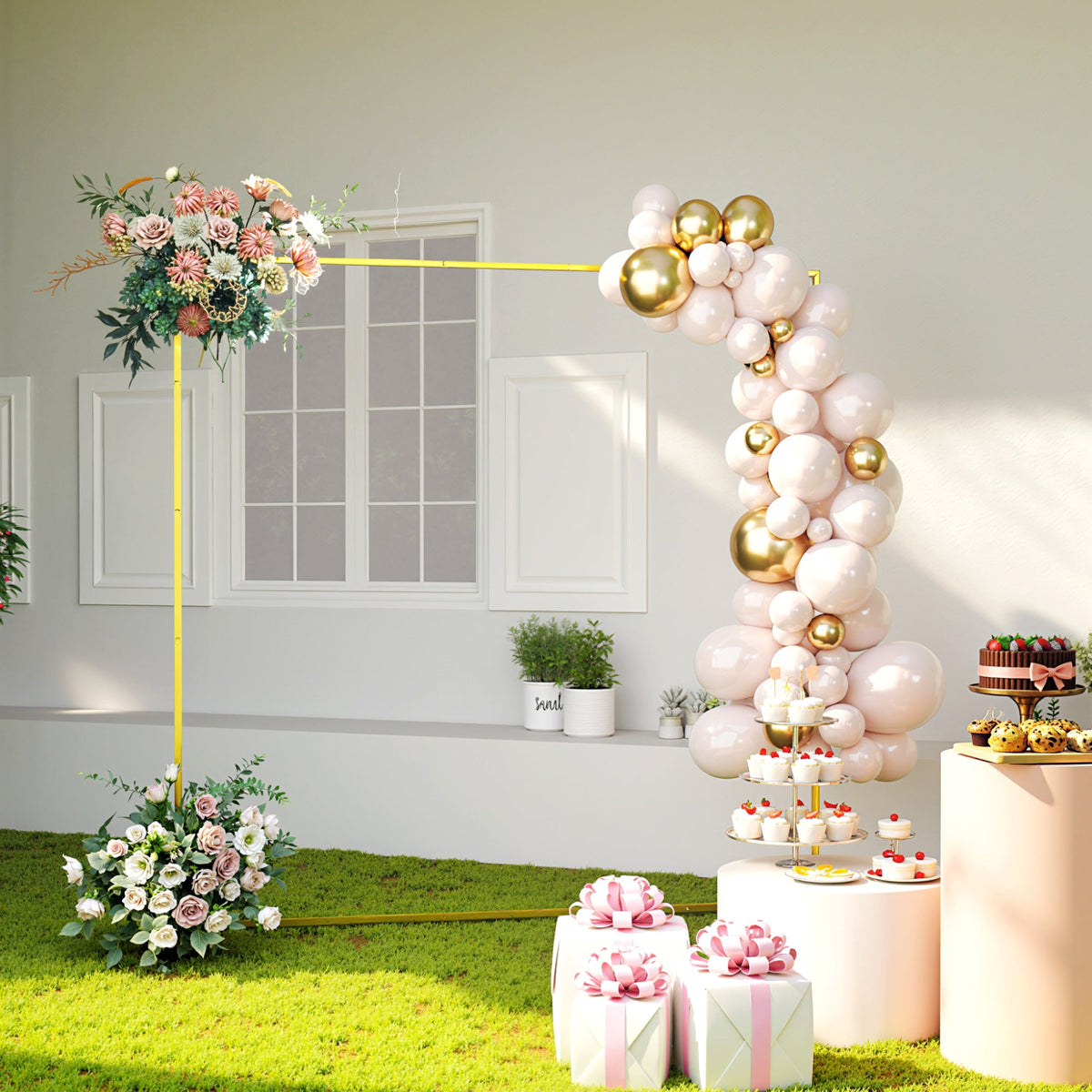 6.6ft Square Wedding Arch Backdrop Stand with Stakes, Gold — product view 3