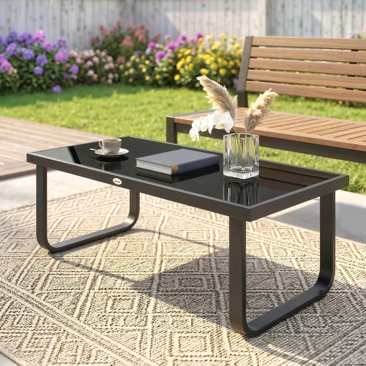 Outdoor Metal Coffee Table 90x45x33 cm with Tempered Glass Top, Black — product view 4