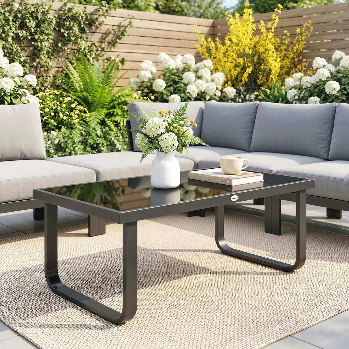 Outdoor Metal Coffee Table 90x45x33 cm with Tempered Glass Top, Black — product view 3