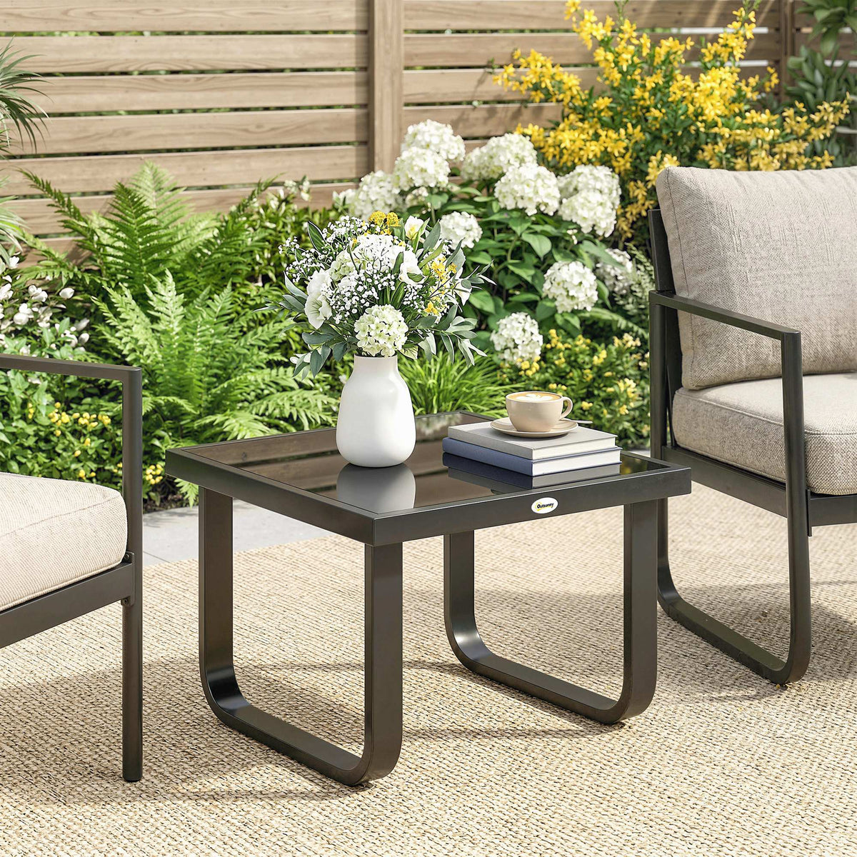 Metal Side Table with Tempered Glass Top & Adjustable Feet, 45x45x33 cm, Black — product view 3