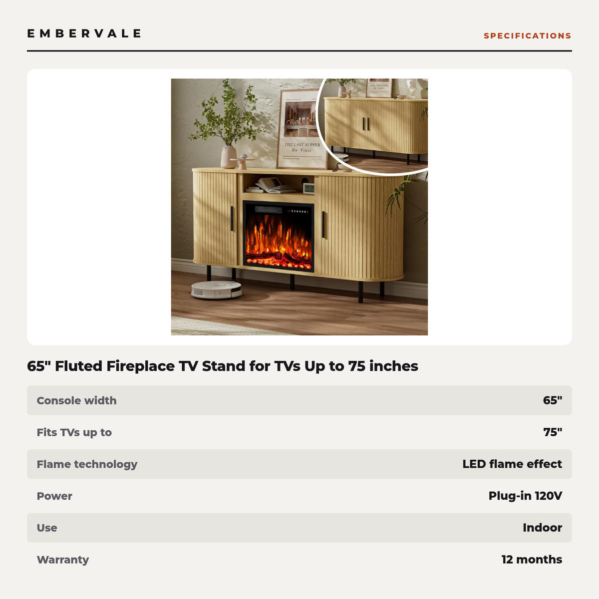 65" Fluted Fireplace TV Stand for TVs Up to 75 inches, Modern Entertainment Center with 23" Electric Fireplace, Wooden — product view 3