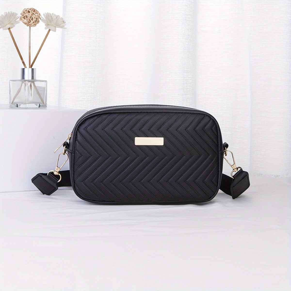 LoungeYard | NoirGlitz Padded PU Messenger Bag – Black Elegant Shoulder Bag with Sequins and Removable Strap — product view 2