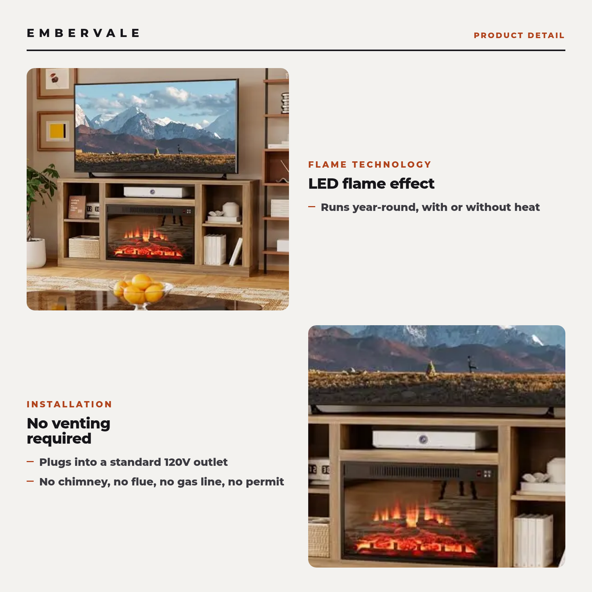 Electric Fireplace TV Stand for TVs up to 65 Inch, Modern Media Console Entertainment Center for Living Rooms and Apartments — product view 2