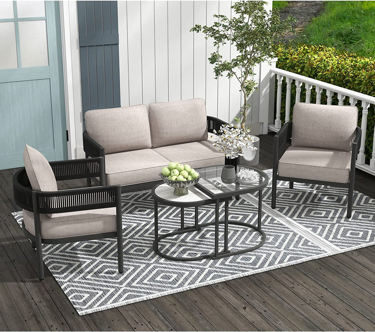 LOUNGE YARD 4-Seat Conversation Set, with Olefin Cushions and Nested Table, Patio Furniture for Backyard, Beige — product view 1