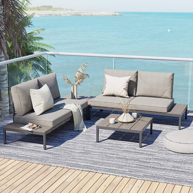LOUNGE YARD Outdoor Sectional Sofa Set, Aluminum Frame Conversation Set with Cushion & Woodgrain Built-in Side Coffee Table, 4-Piece Modern Furniture Set for Poolside, Backyard, Deck, Gray