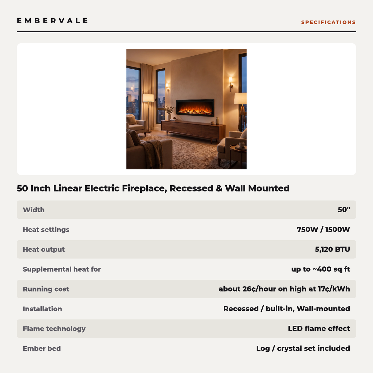50 Inch Linear Electric Fireplace, Recessed & Wall Mounted Fireplace Heater with Crystal Log Set, Adjustable Flame Color, 750W/1500W, Timer & Remote — product view 4