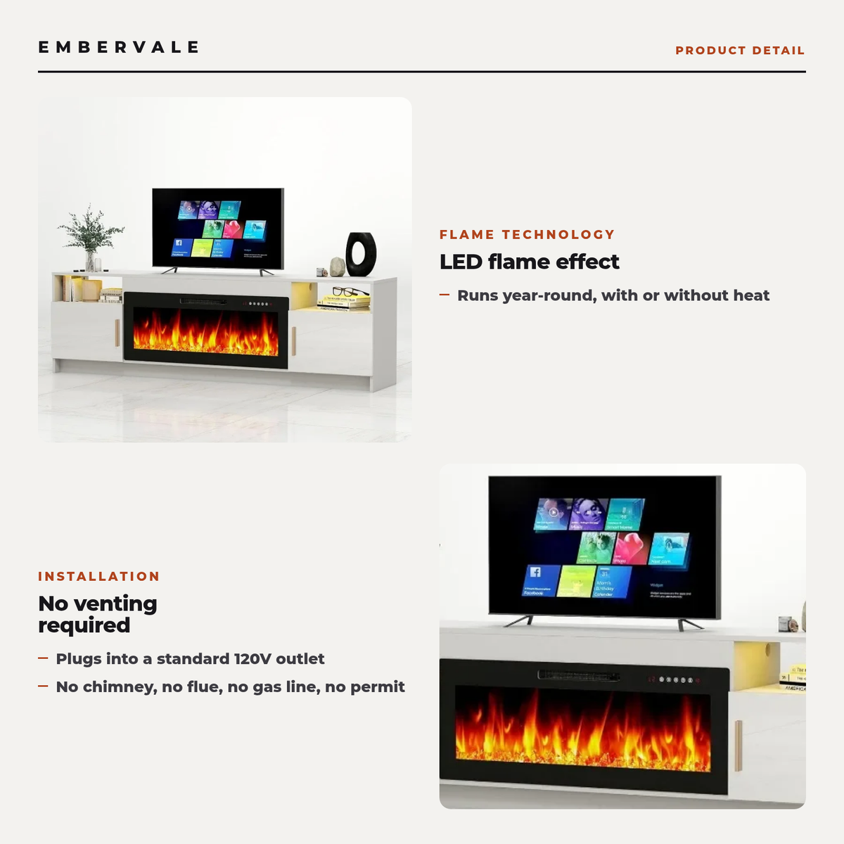 Electric Fireplace TV Stand, Modern Media Console Entertainment Center, Adjustable LED Flame for Living Rooms — product view 2