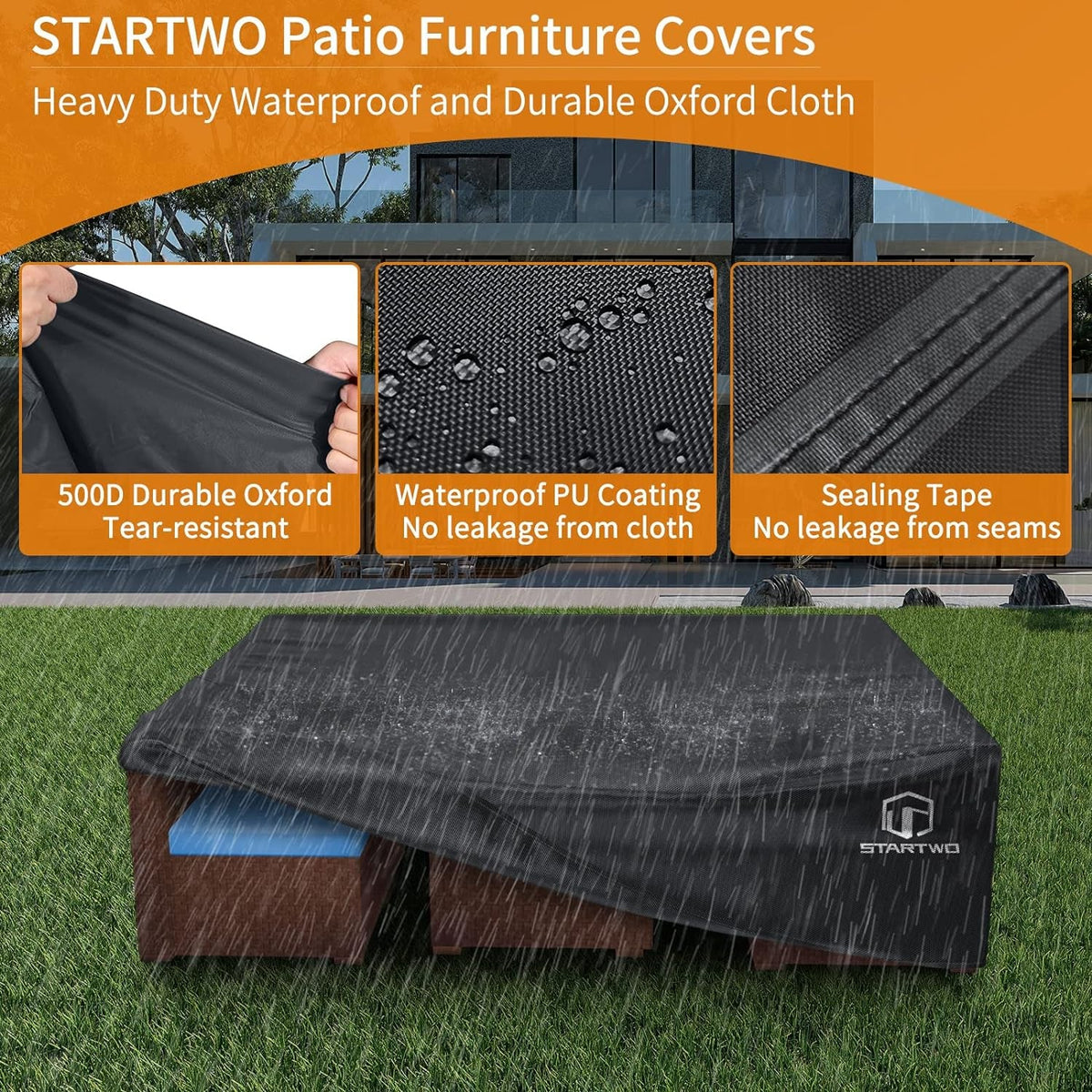 Patio Furniture Covers Waterproof, Anti-Uv Tear-Resistant 500D Heavy Duty 7-12 Seats Outdoor Furniture Cover for Sectional Sofa, Patio Table Cover, 98"X78"X28", Black — product view 4