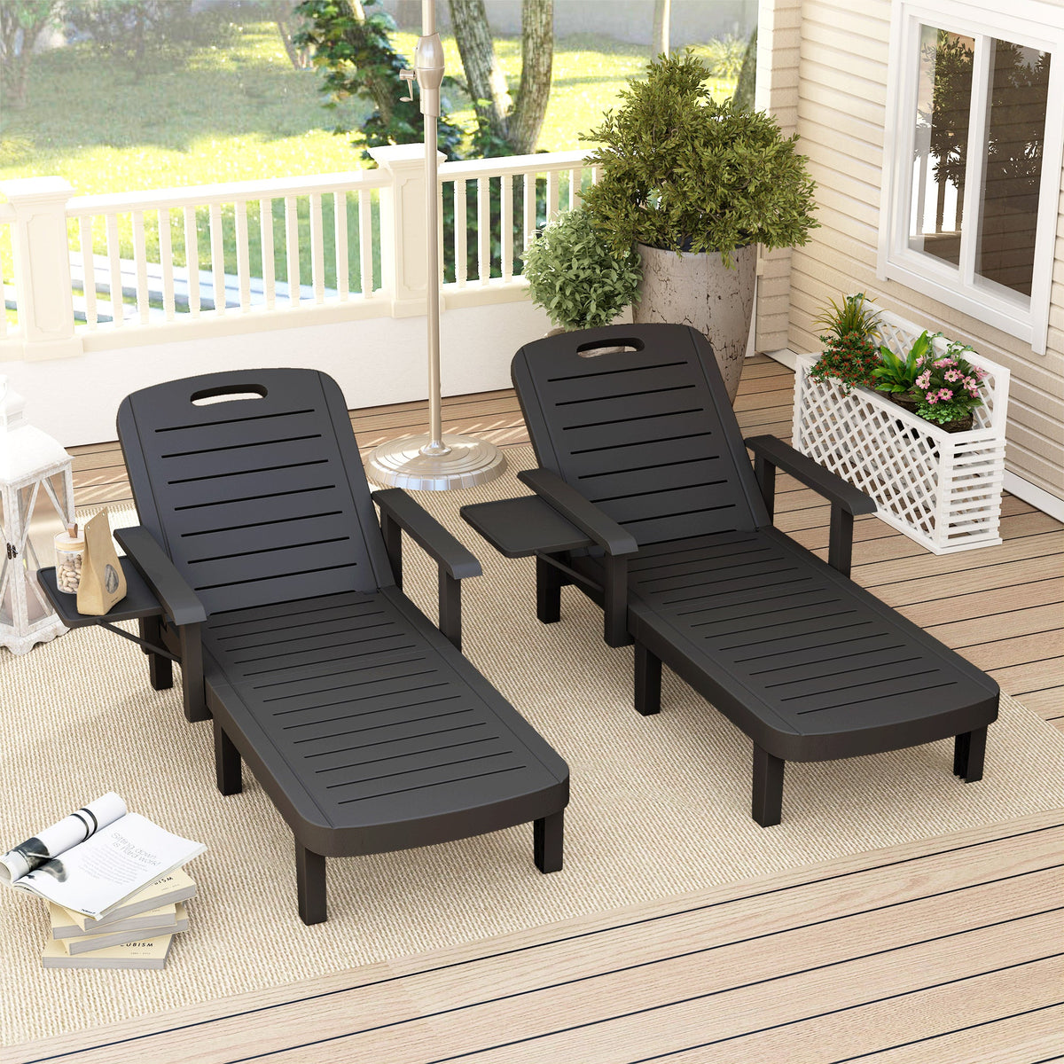 Set of 2 Resin Sun Loungers with Foldable Side Table, Black — product view 3