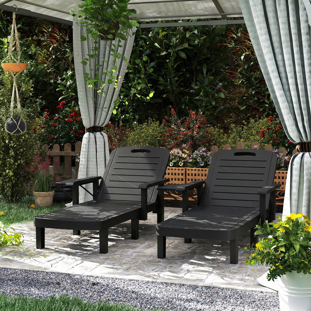 Set of 2 Resin Sun Loungers with Foldable Side Table, Black — product view 4