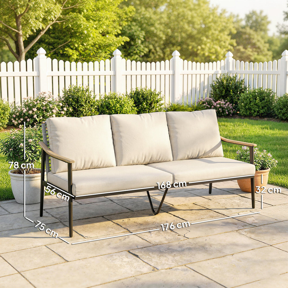 3 Seater Rattan Sofa with Wood-Effect Armrests, Khaki — product view 5