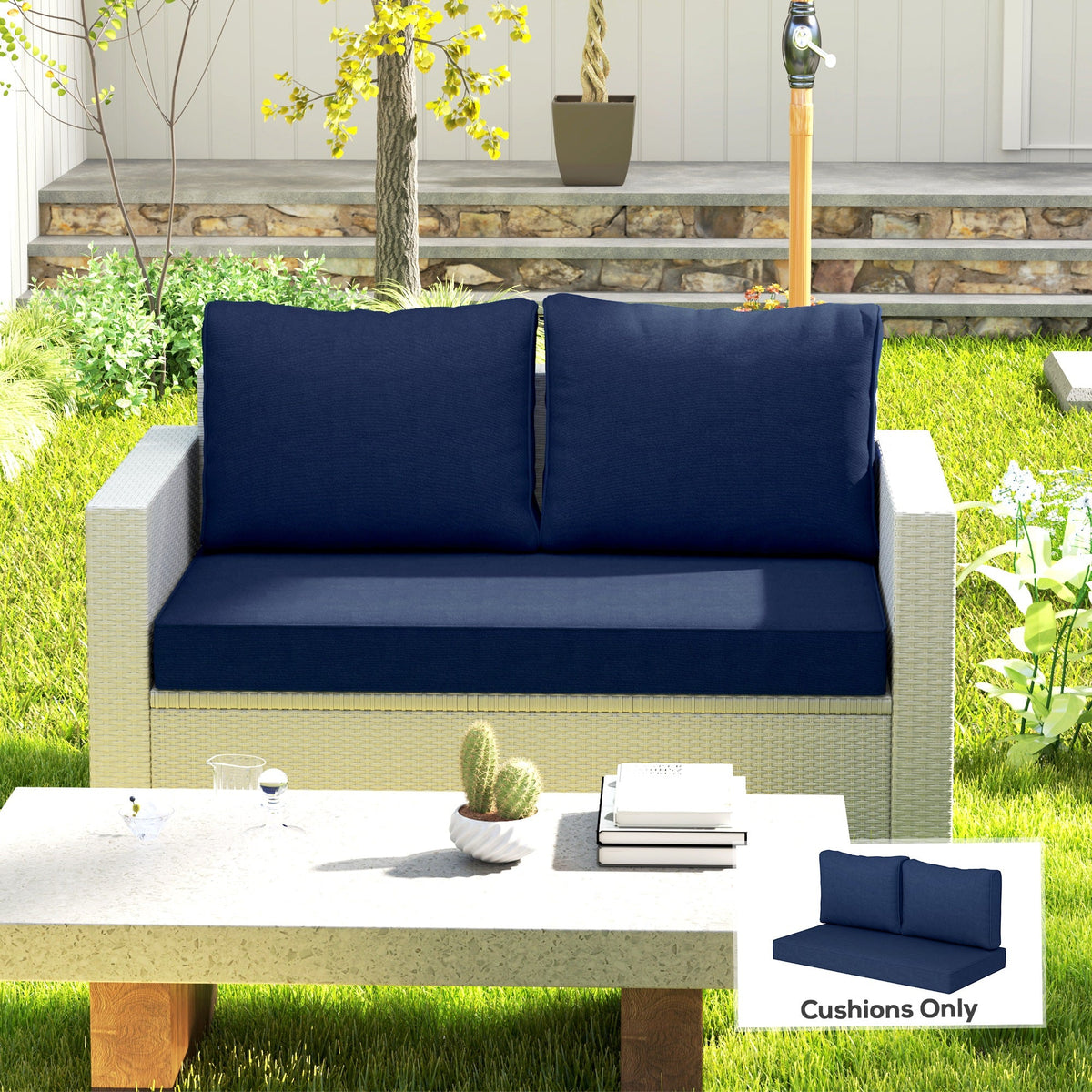 2 Seater Outdoor Seat Cushions with Backrest, Navy Blue — product view 3