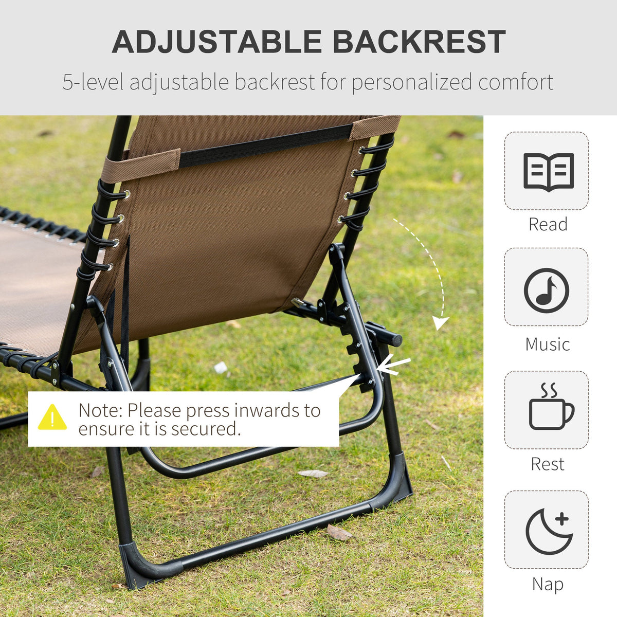 Folding Lounge Chair with Adjustable Backrest and Pillow, Brown — product view 6