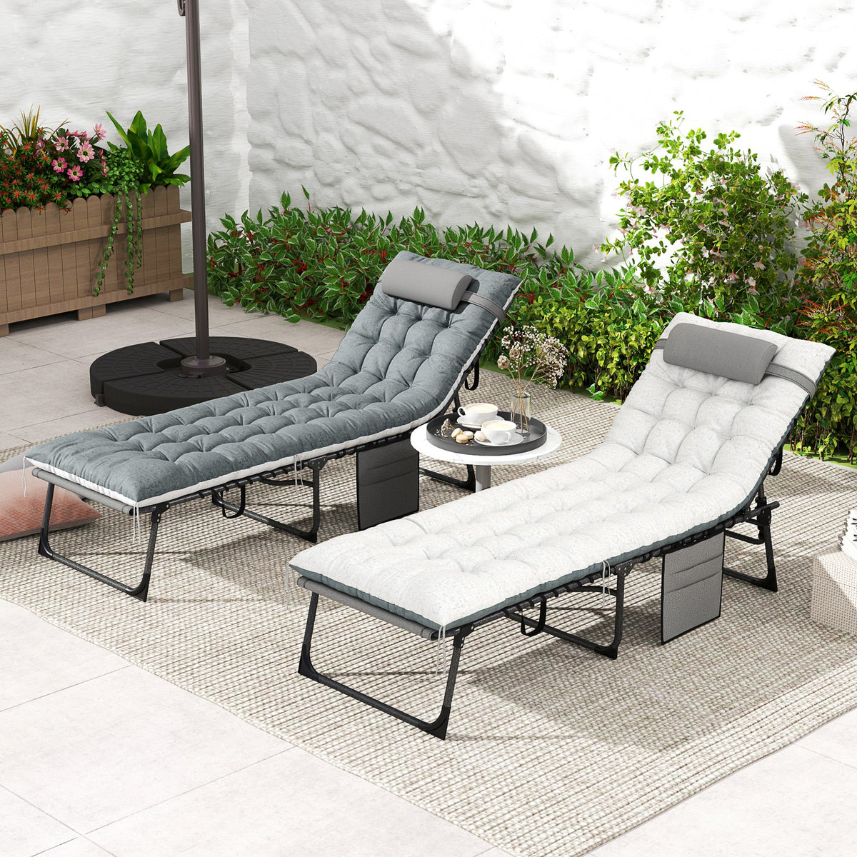 Set of 2 Folding Lounge Chairs with Cushion and Side Pocket, Grey — product view 4