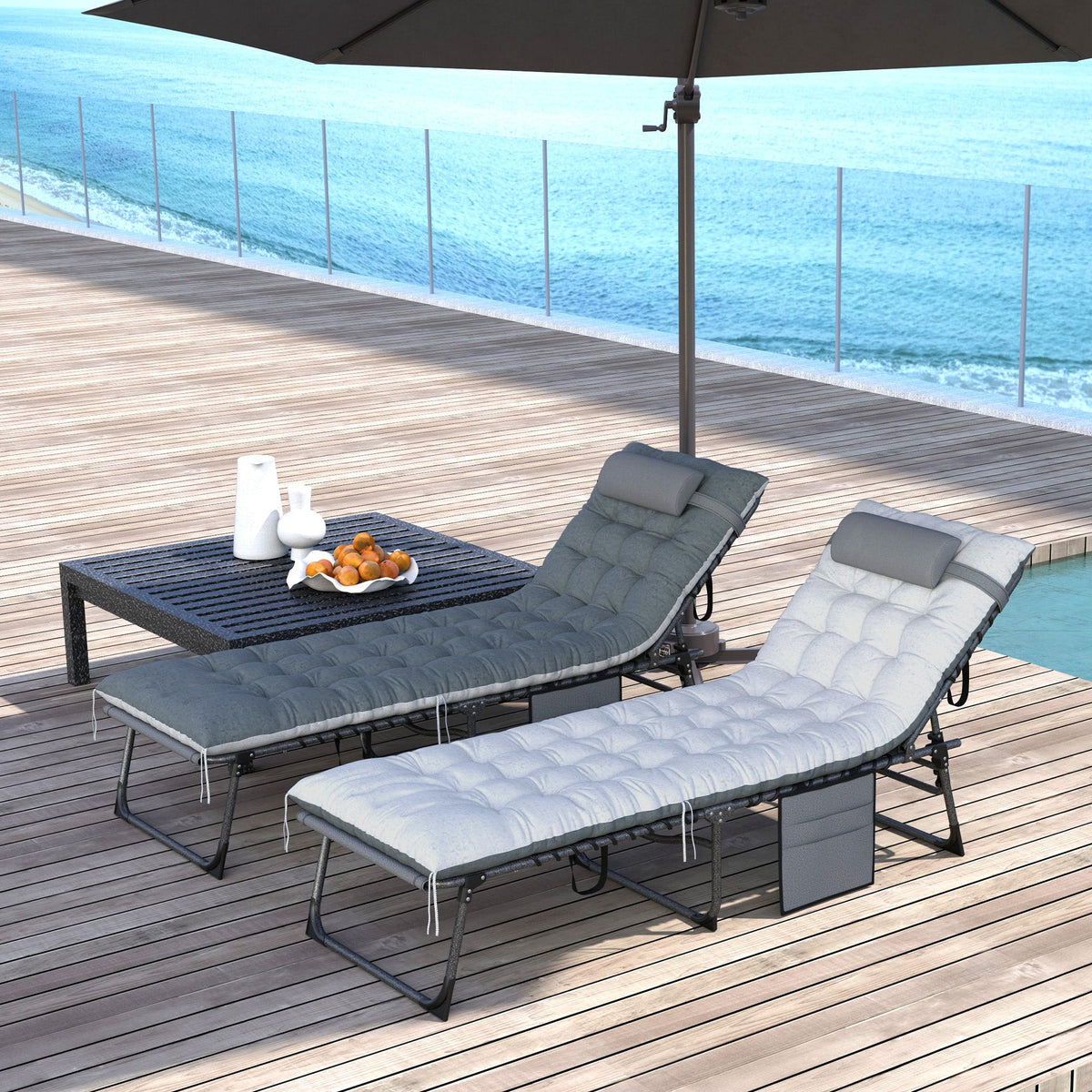 Set of 2 Folding Lounge Chairs with Cushion and Side Pocket, Grey — product view 3