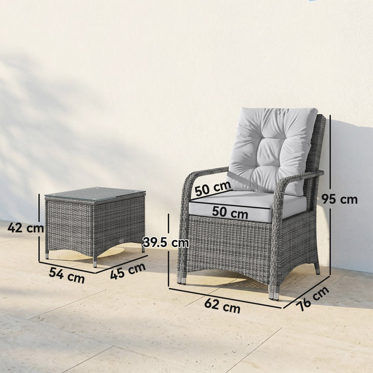 3-Piece Rattan Bistro Set with Metal Frame, Glass Table and Cushions, Light Grey — product view 5