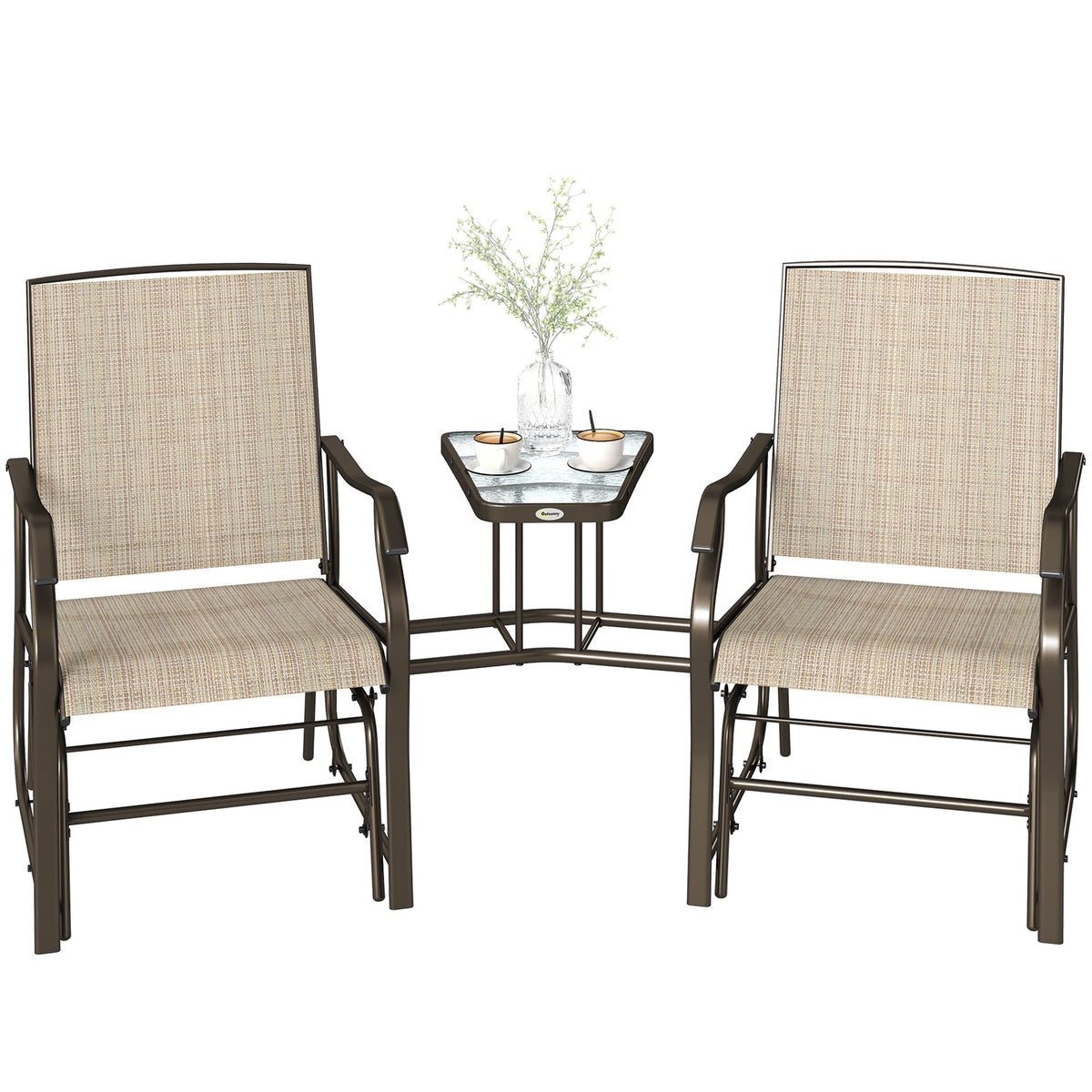 Double Patio Glider Chair with Glass Top Center Table, All Weather Breathable Mesh Fabric, Light Brown — product view 2