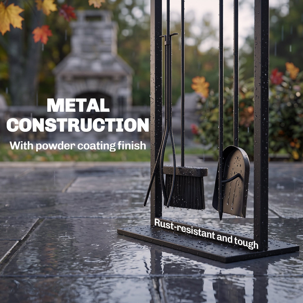 5-Piece Fireplace Tool Set with Brush, Shovel, Poker, Tongs & Stand, Black Metal — product view 7