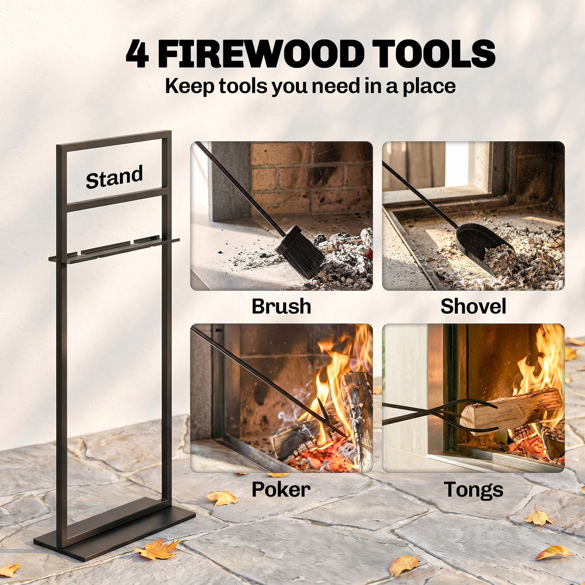 5-Piece Fireplace Tool Set with Brush, Shovel, Poker, Tongs & Stand, Black Metal — product view 6