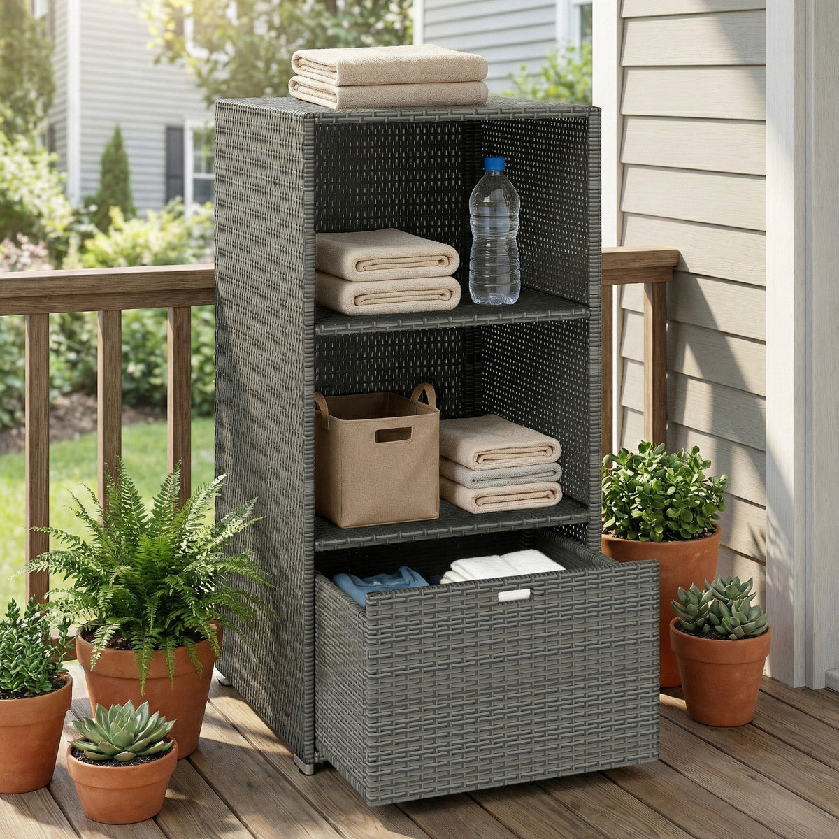 Pool Towel Rack with 2 Shelves and Basket Drawer, PE Rattan, Dark Gray — product view 3