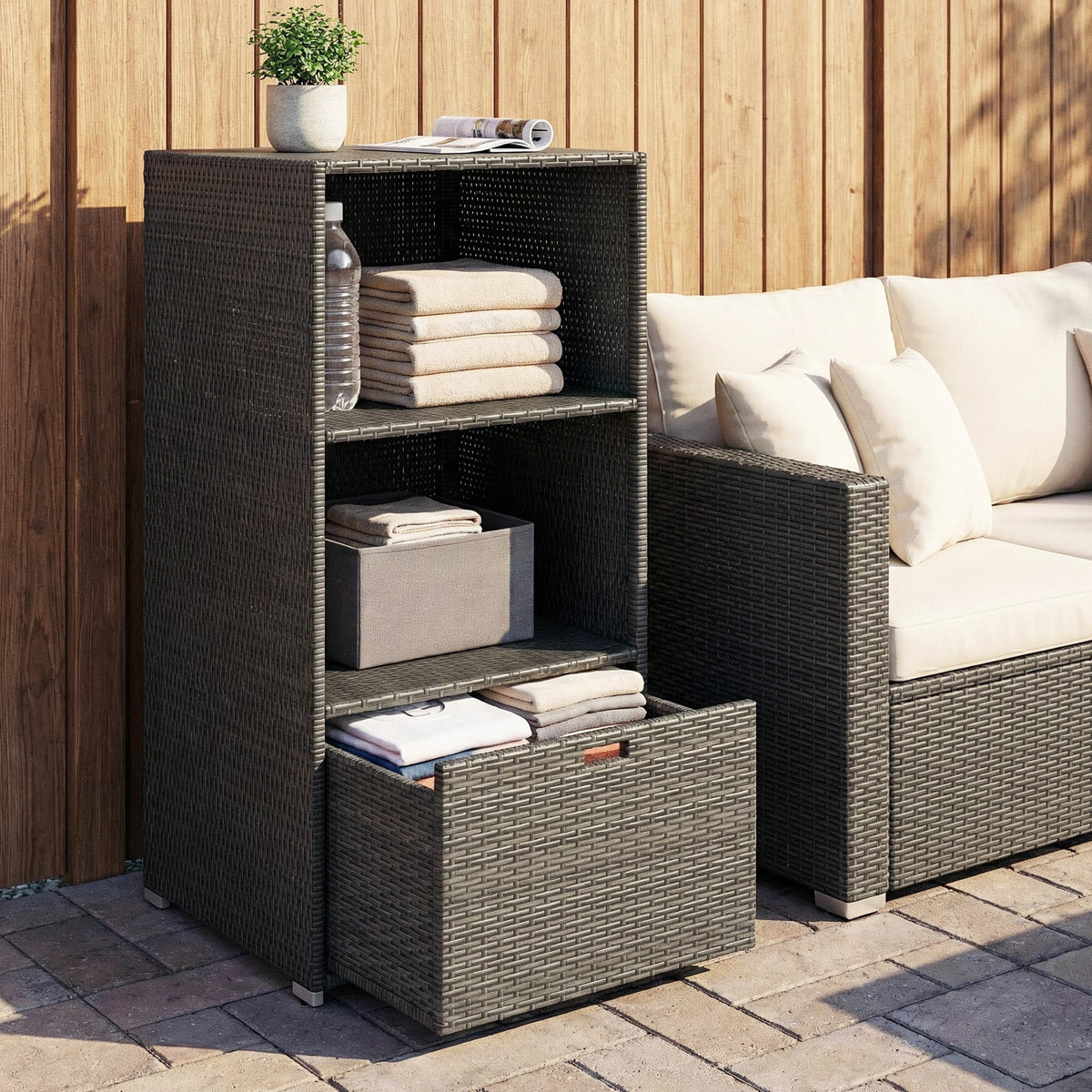 Pool Towel Rack with 2 Shelves and Basket Drawer, PE Rattan, Dark Gray — product view 4