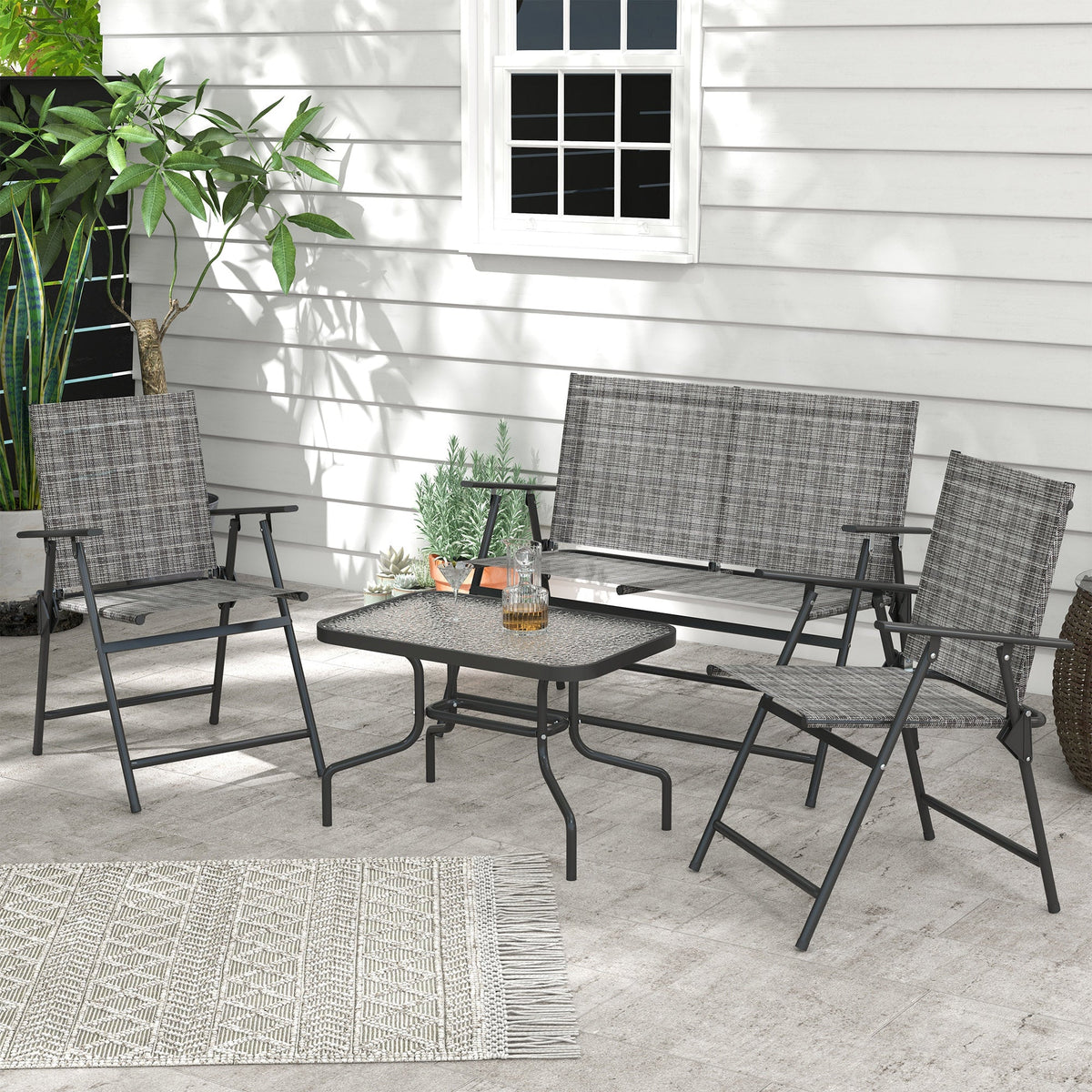 4 Piece Patio Furniture Set with Foldable Chairs & Glass Top Table, Mixed Grey — product view 4