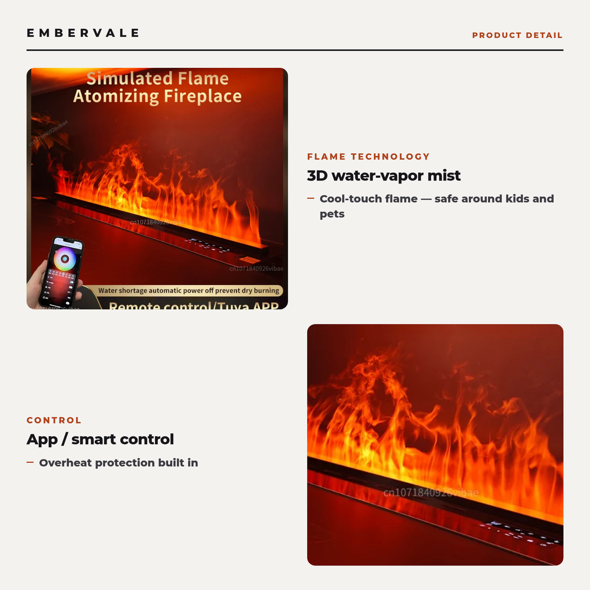 3D Water Vapor Fireplace with Humidifier Function, App-Controlled Steam Flame Electric Fireplace for Living Room & Bedroom — product view 3