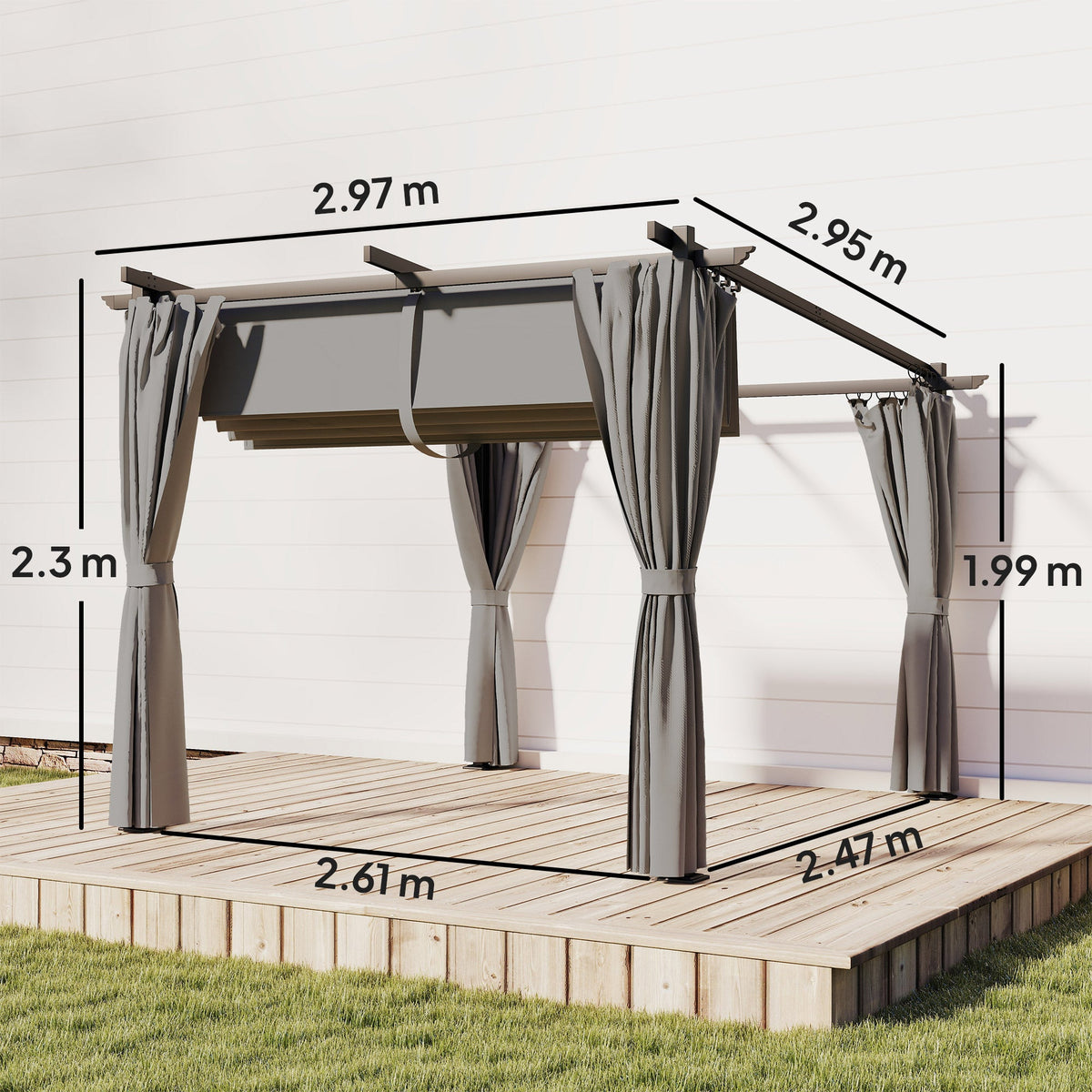 3 x 3 m Metal Pergola with Retractable Roof and Sidewalls, Light Grey — product view 5