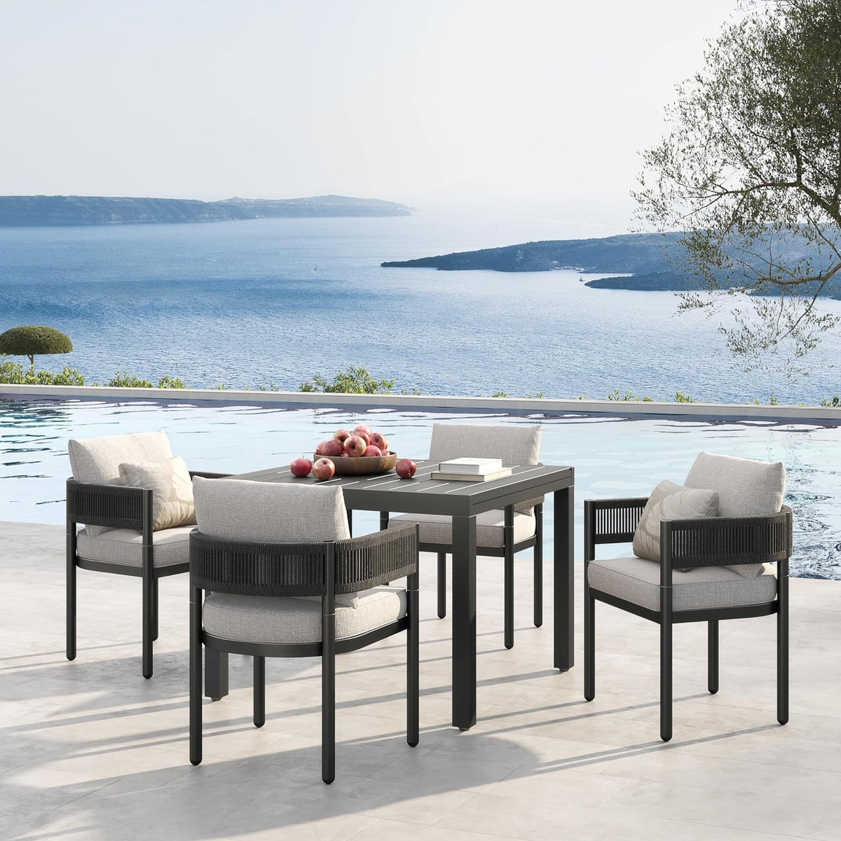 LOUNGE YARD Outdoor Dining Chair Set, Metal Woven Wicker Fixed Patio Chairs with Grey Cushions — product view 2